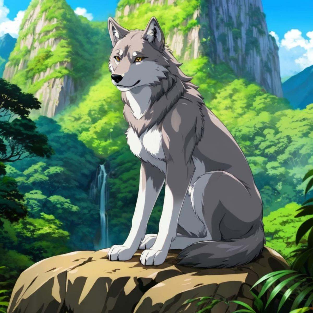 anime artwork of a painting of a Anthropomorphism female wolf sitting on a rock with a perfect naked body inside forest ju...