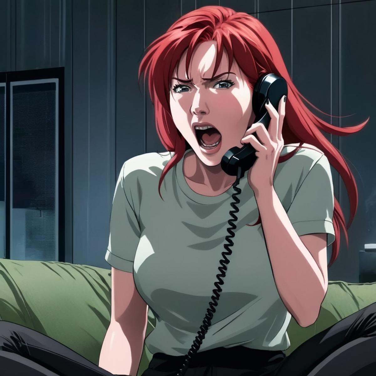 concept art of a screaming shouting woman with red hair while talking on a cordless phone inside a dark living room anime...