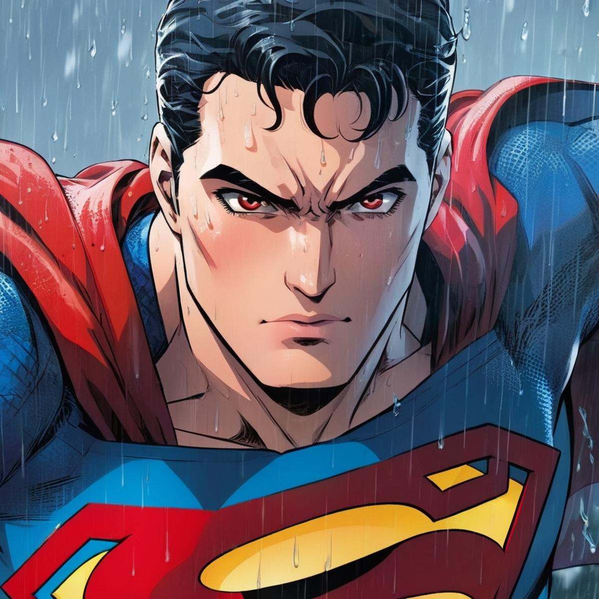 anime artwork of a closeup of superman with red eyes standing in the rain anime manga girl style,  anime style,  key visua...