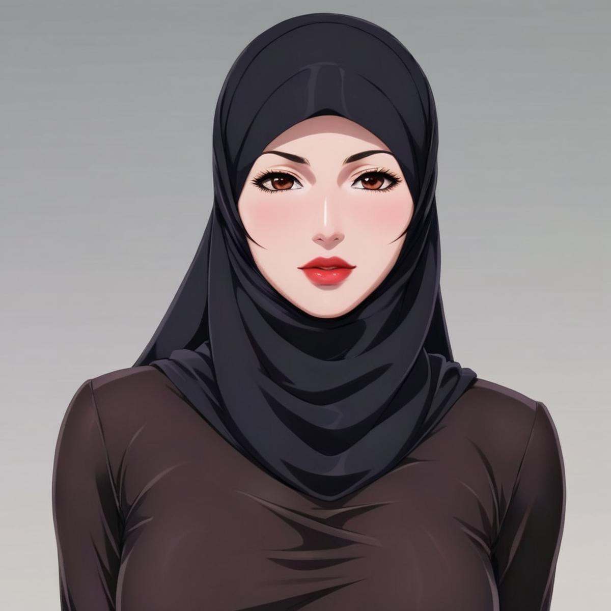 anime artwork of a hot woman wearing a black hijab and a perfect lips anime manga girl style,  anime style,  key visual on...