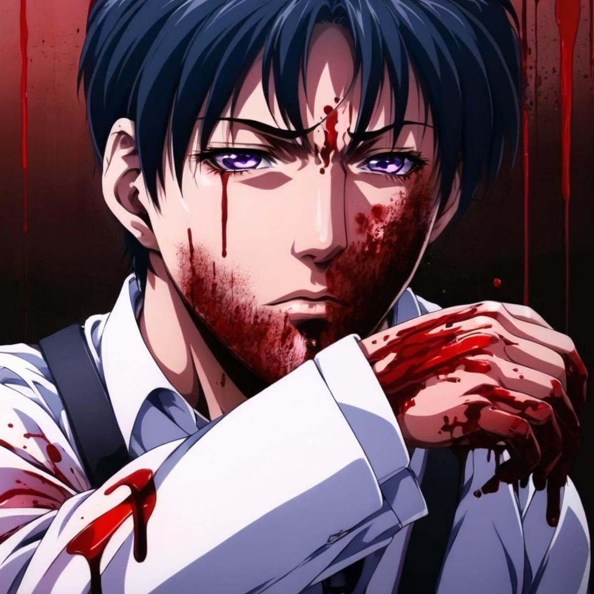 anime artwork of a violent man with blood on his face and hands anime manga girl style,  anime style,  key visual on Tenso...