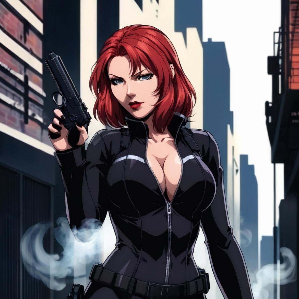 anime artwork of a red hair serious looking woman in a perfect black widow suit standing in a dark alley with two hand_gun...