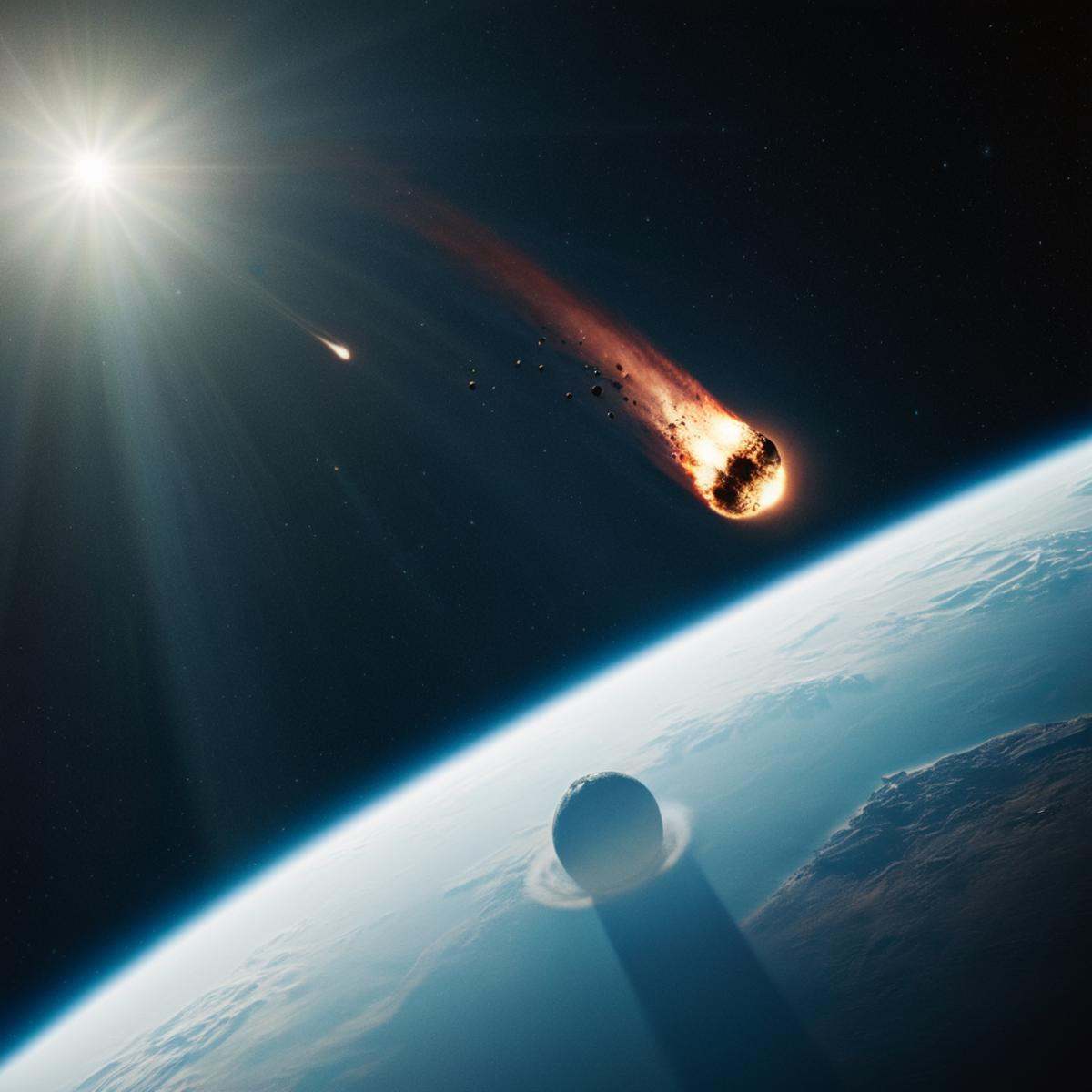 cinematic film still of A collision of a comet is flying past a planet in the sky,  no humans,  star (sky) on Tensor.Art
