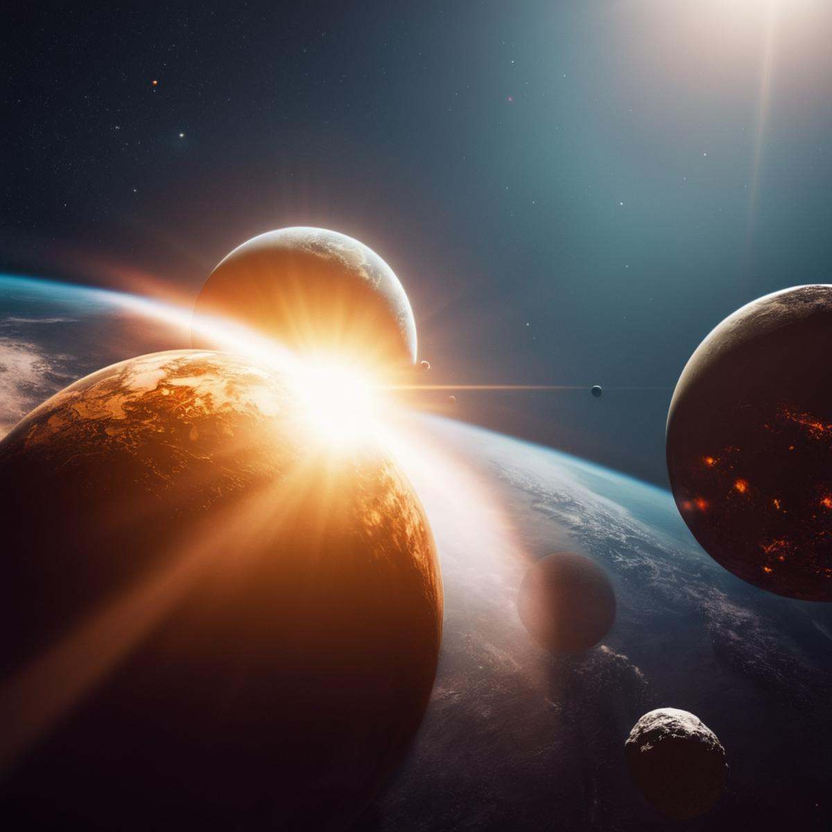 cinematic film still of A collision of a group of planets with a sun in the background,  no humans,  star (sky) on Tensor.Art