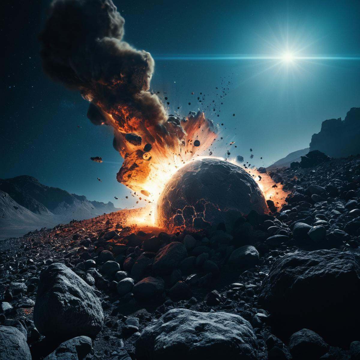 cinematic film still of A collision of a close up of a planet with a lot of rocks,  no humans,  moon on Tensor.Art