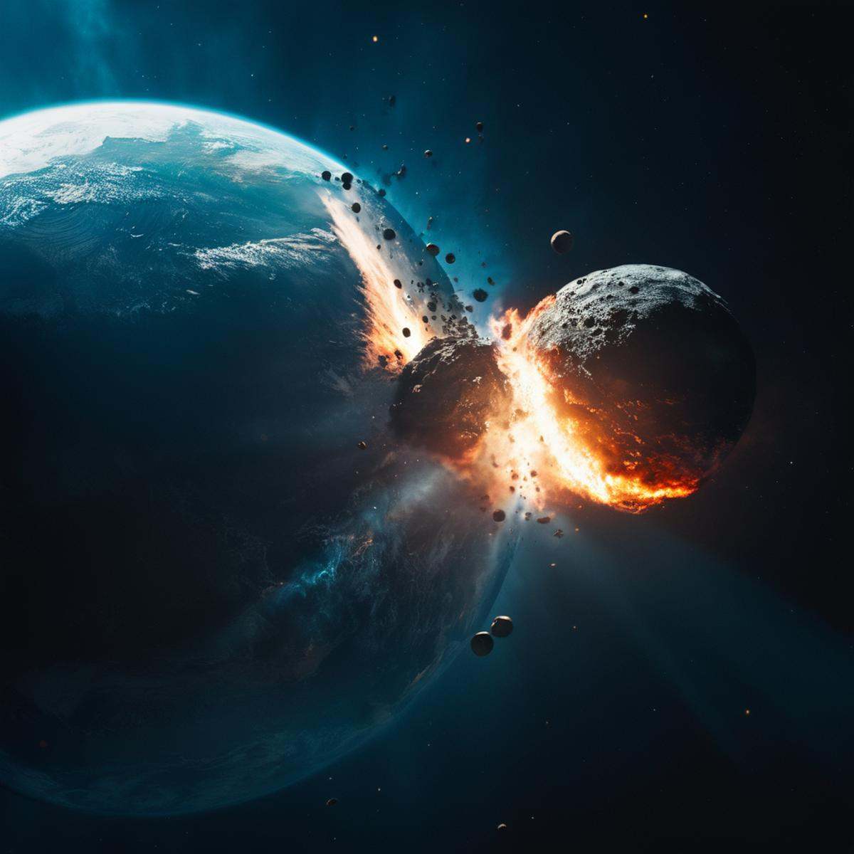 cinematic film still of A collision of a close up of a planet with a fireball,  no humans,  scenery on Tensor.Art