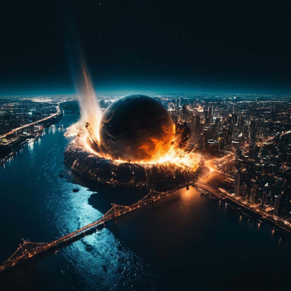 cinematic film still of A collision of a view of the earth at night with lights of cities,  outdoors,  sky on Tensor.Art