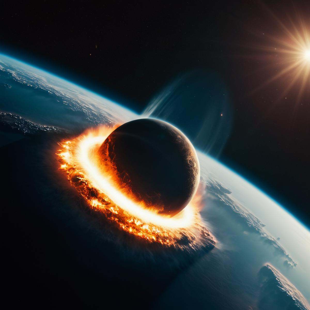 cinematic film still of A collision of a planet with a ring of fire coming out of it,  sky,  no humans on Tensor.Art