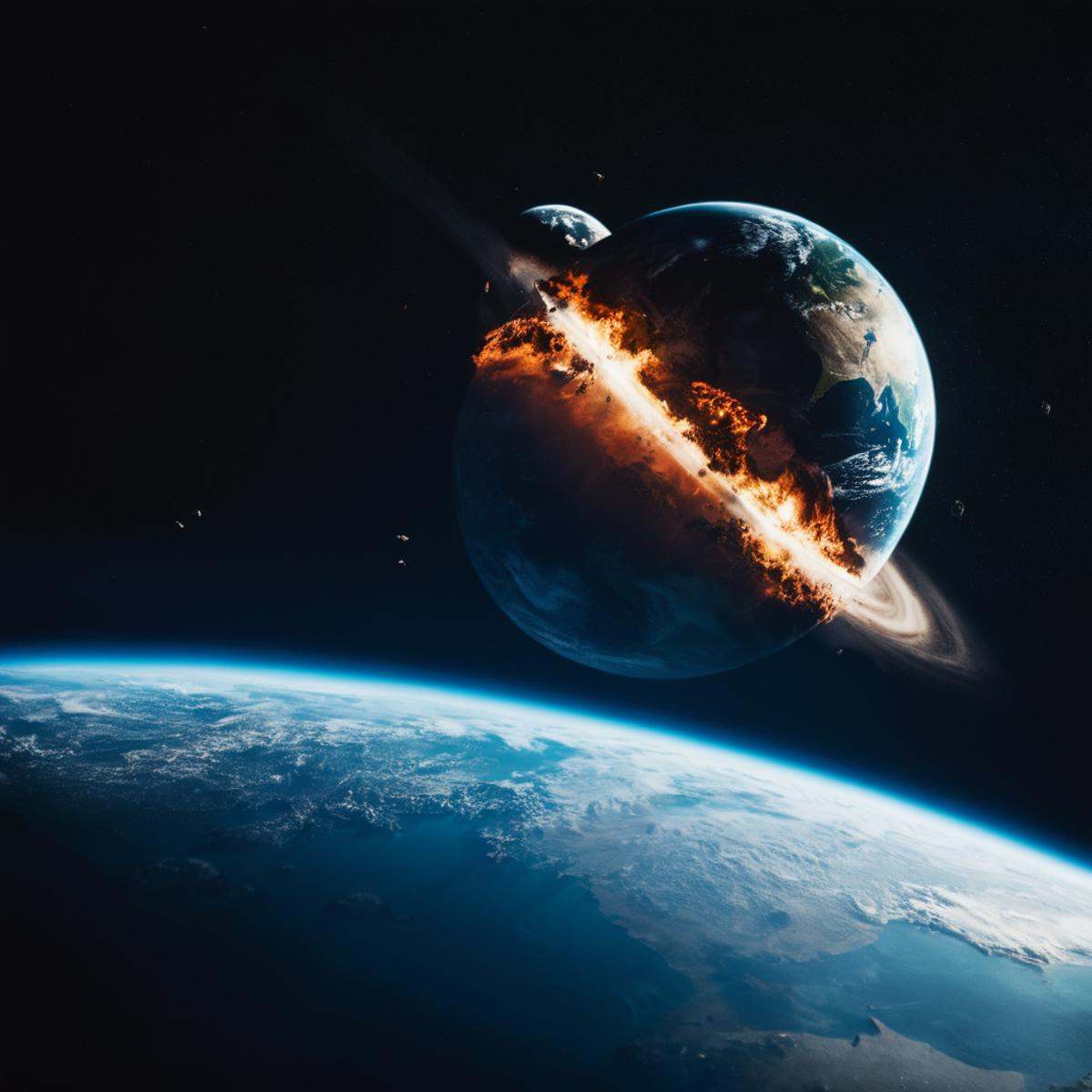 cinematic film still of A collision of a view of the earth from space with a black background,  no humans,  scenery on Ten...