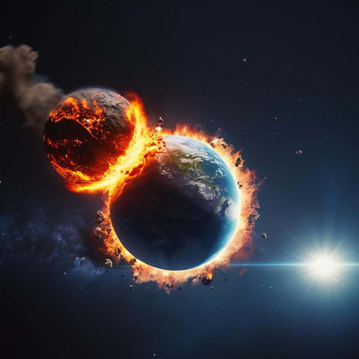 cinematic film still of A collision of a picture of a planet with a fireball in the middle,  no humans,  fire on Tensor.Art