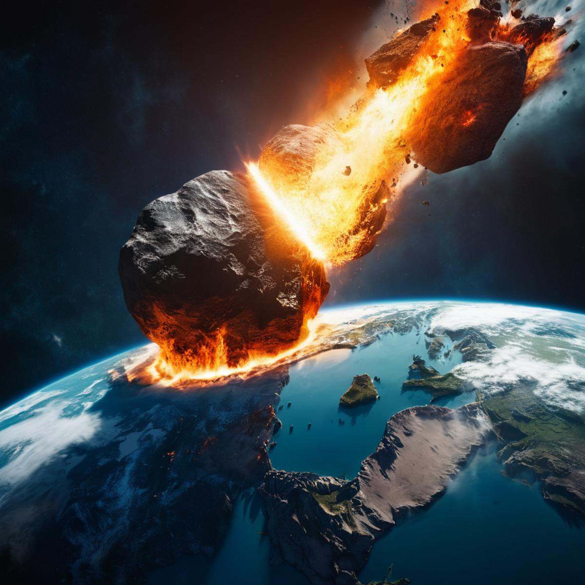 cinematic film still of A collision of a large fire rock is hitting the planet earth,  no humans,  scenery on Tensor.Art