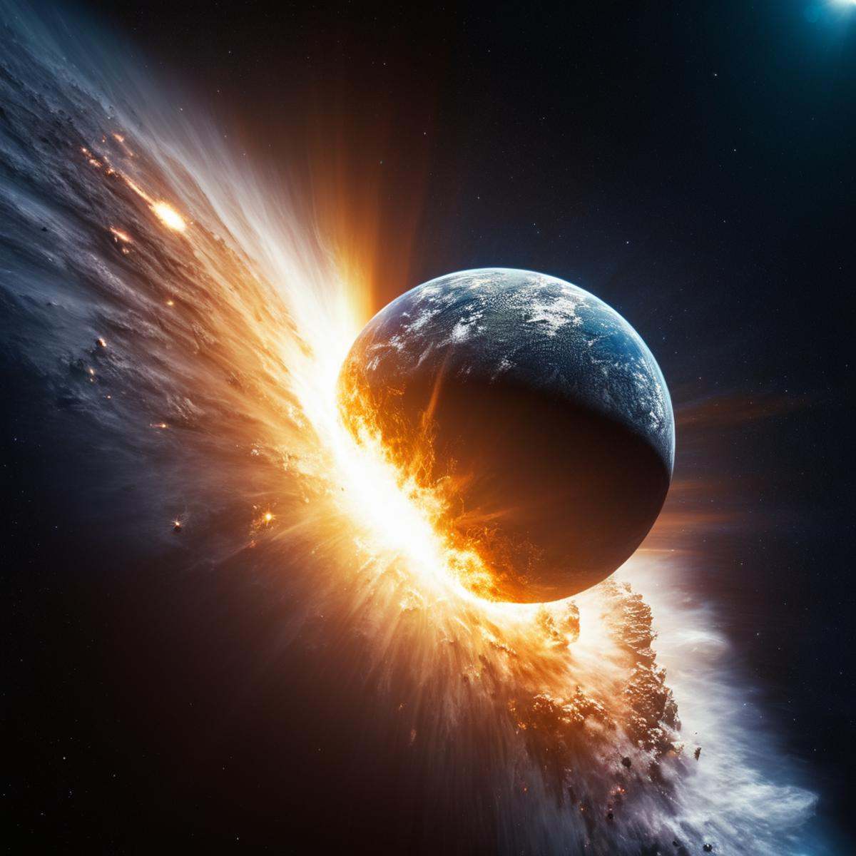 cinematic film still of A collision of a bright star is in the middle of a galaxy,  no humans,  glowing on Tensor.Art
