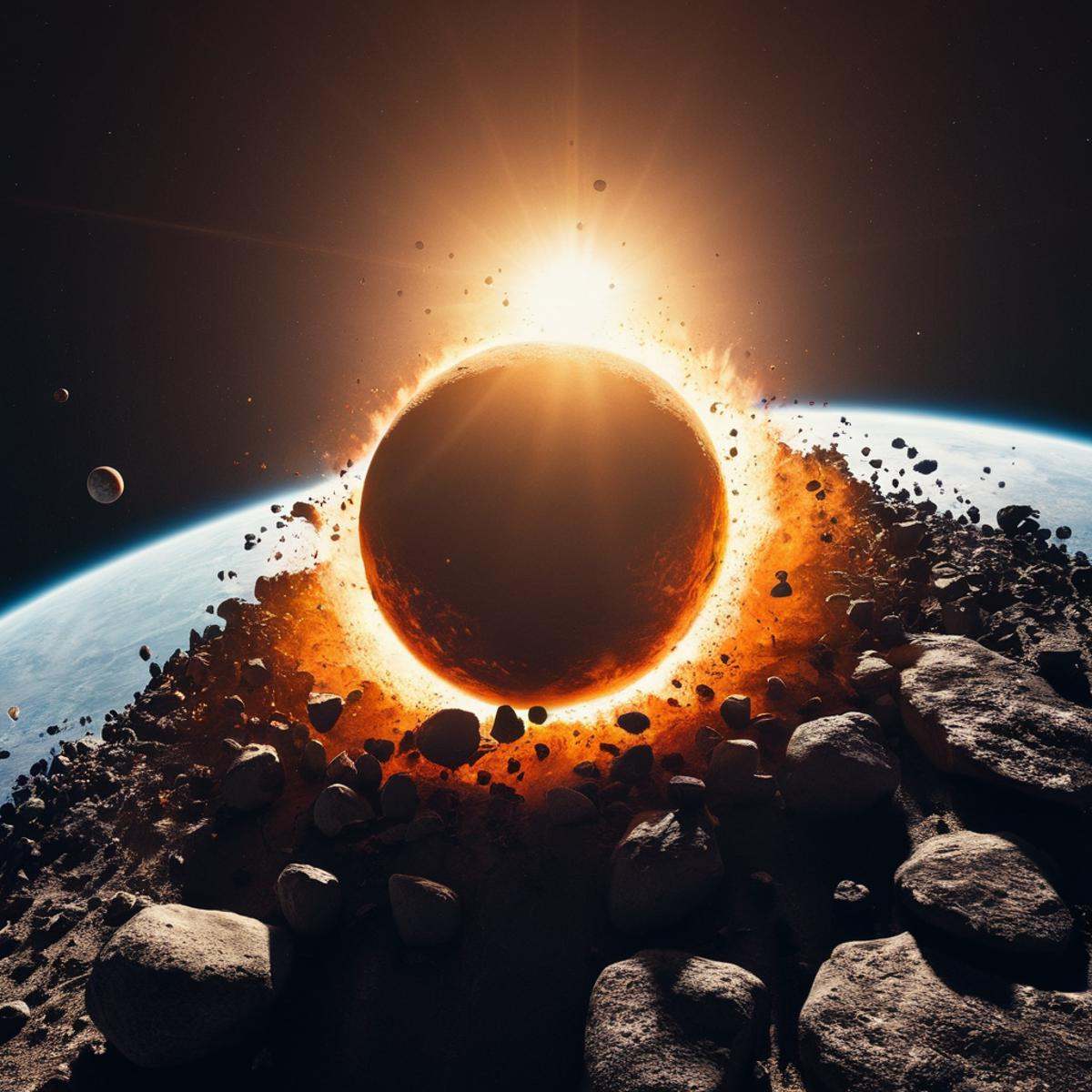 cinematic film still of A collision of a large sun surrounded by small rocks and planets,  no humans,  scenery on Tensor.Art