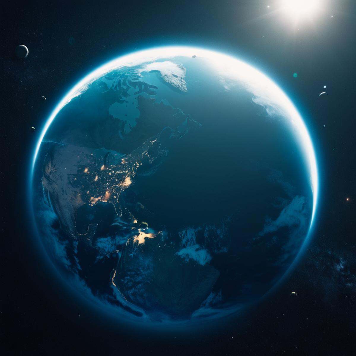 cinematic film still of A collision of a view of the earth from space with a bright light,  sky,  no humans on Tensor.Art