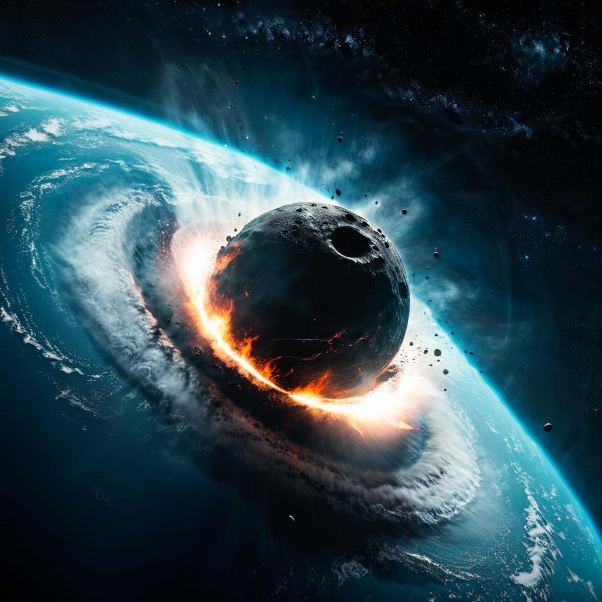 cinematic film still of A collision of a black hole with a black hole in the center,  sky,  water on Tensor.Art