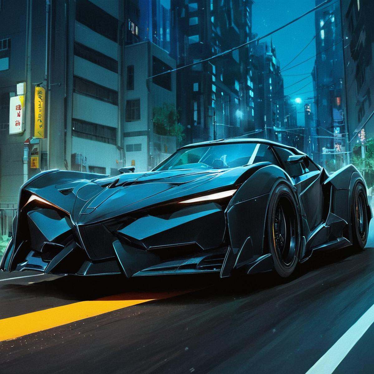 manga style art of An animated photo of a batman car driving down a road at night,  solo,  no humans on Tensor.Art