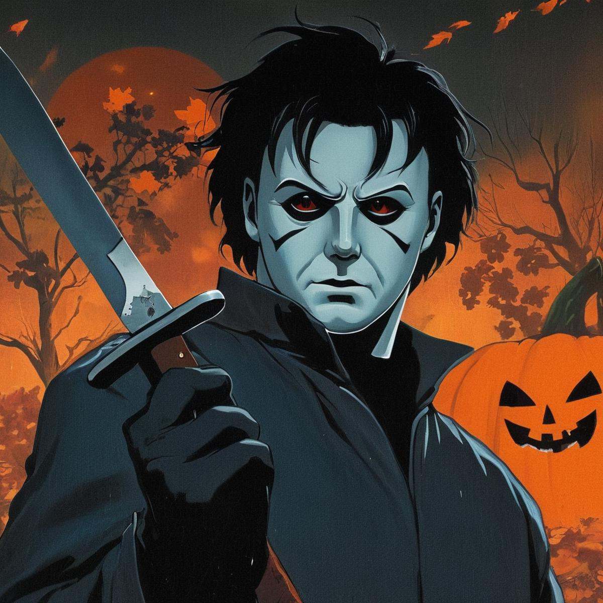manga style art of An animated photo of a painting of michael myers a person holding a knife,  solo,  black hair on Tensor...