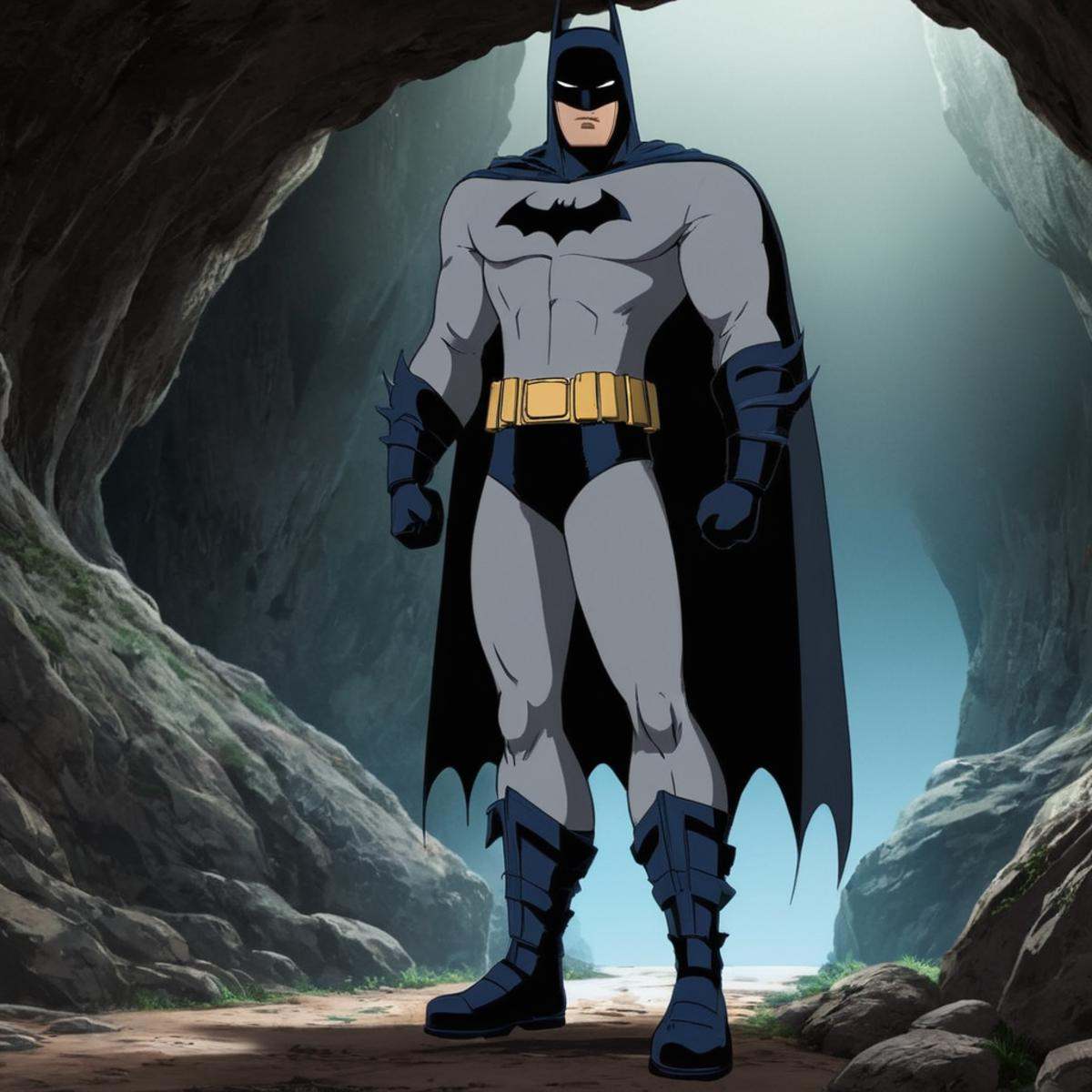 manga style art of An animated photo of a cartoon batman standing in a cave,  solo,  gloves on Tensor.Art