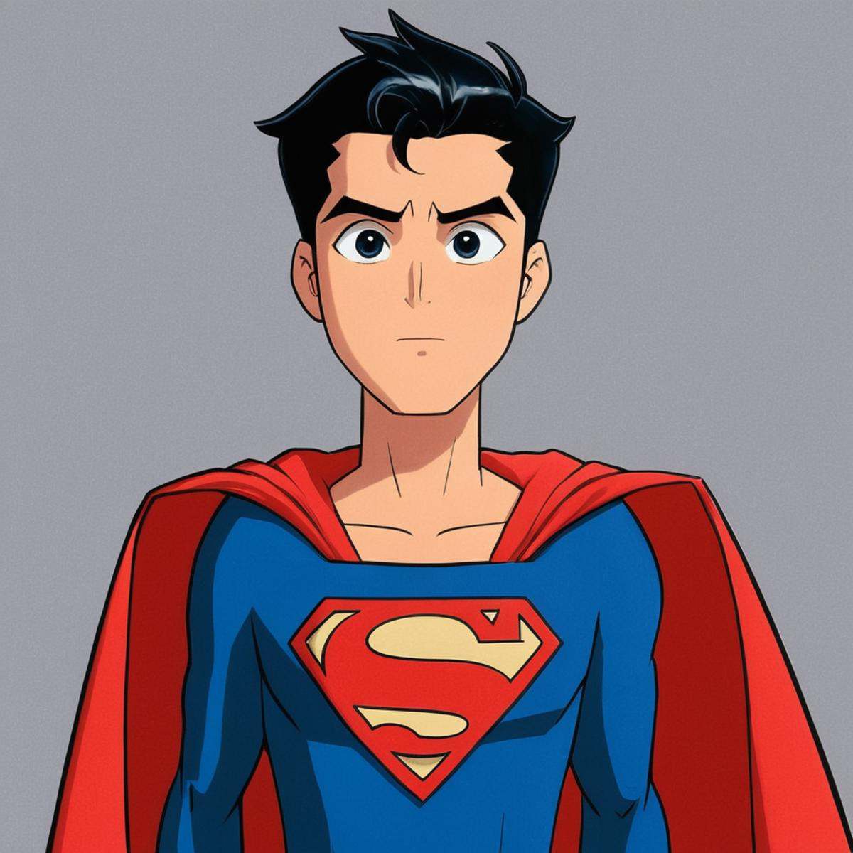 manga style art of An animated photo of a cartoon superman with a red cape and a blue cape,  solo,  short hair on Tensor.Art