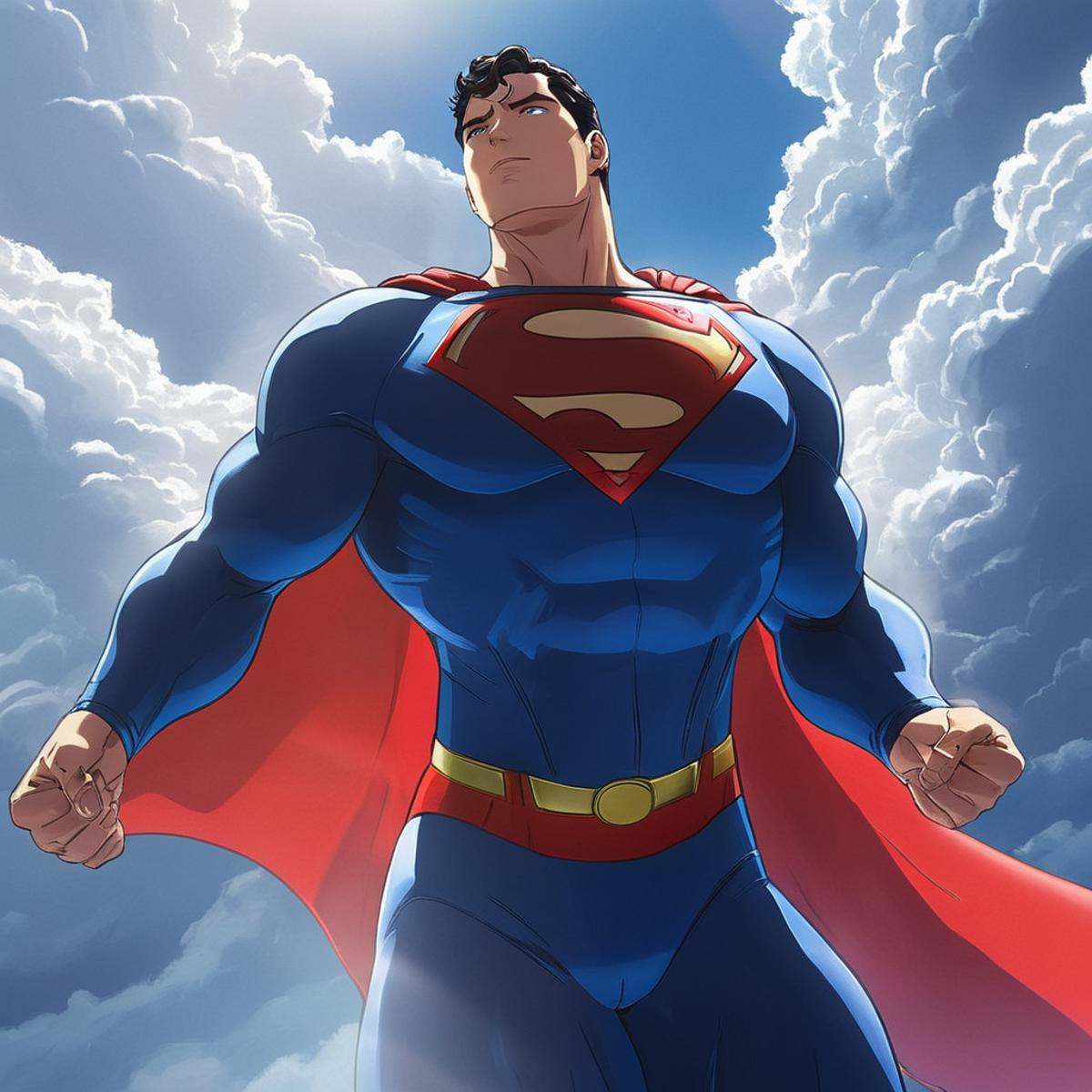 manga style art of An animated photo of a man partially covered in shadowsin a superman costume standing in the clouds,  s...