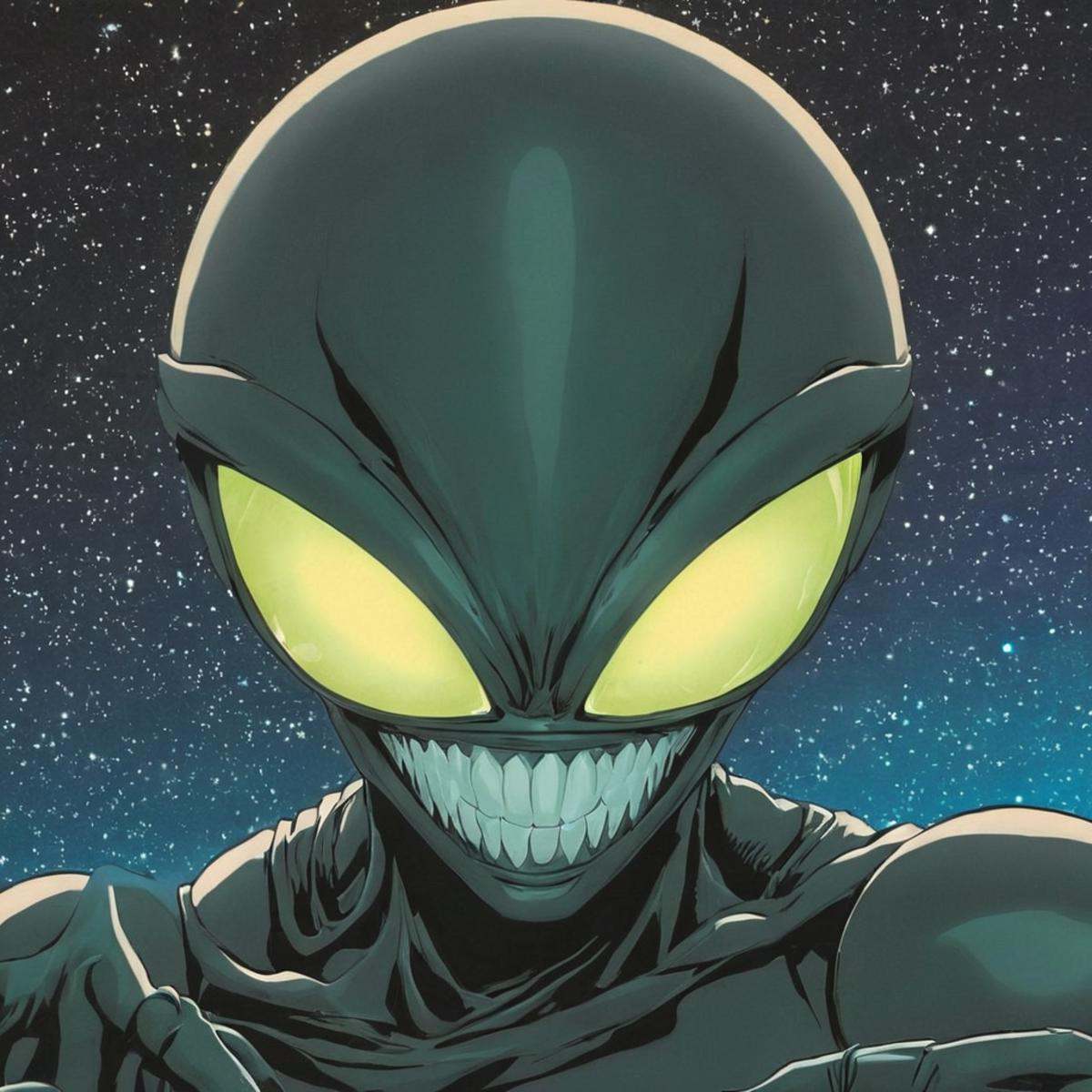 manga style art of An animated photo of a drawing of a alien xeno with a glowing orb,  solo,  tail on Tensor.Art