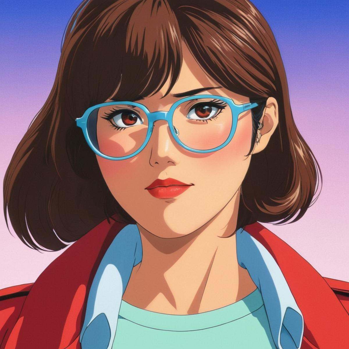 manga style art of An animated photo of a 1970's Japanese woman with glasses and a red jacket,  1girl,  solo on Tensor.Art