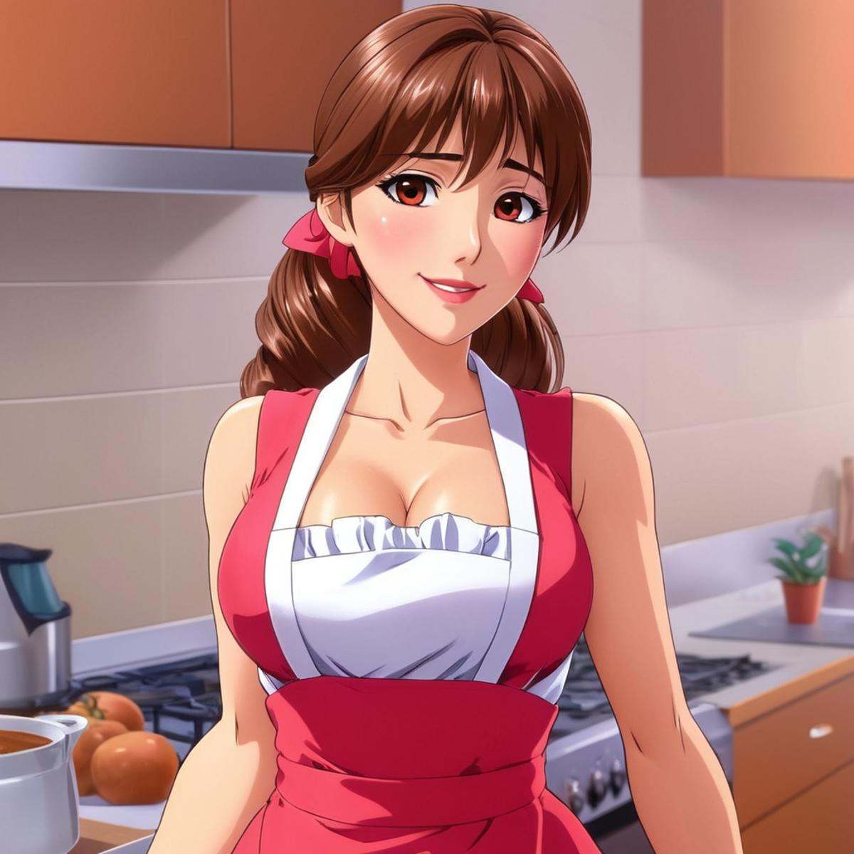 breathtaking,  anime artwork of An animated photo of a housewife woman in a red apron is posing for a picture,  1girl on T...