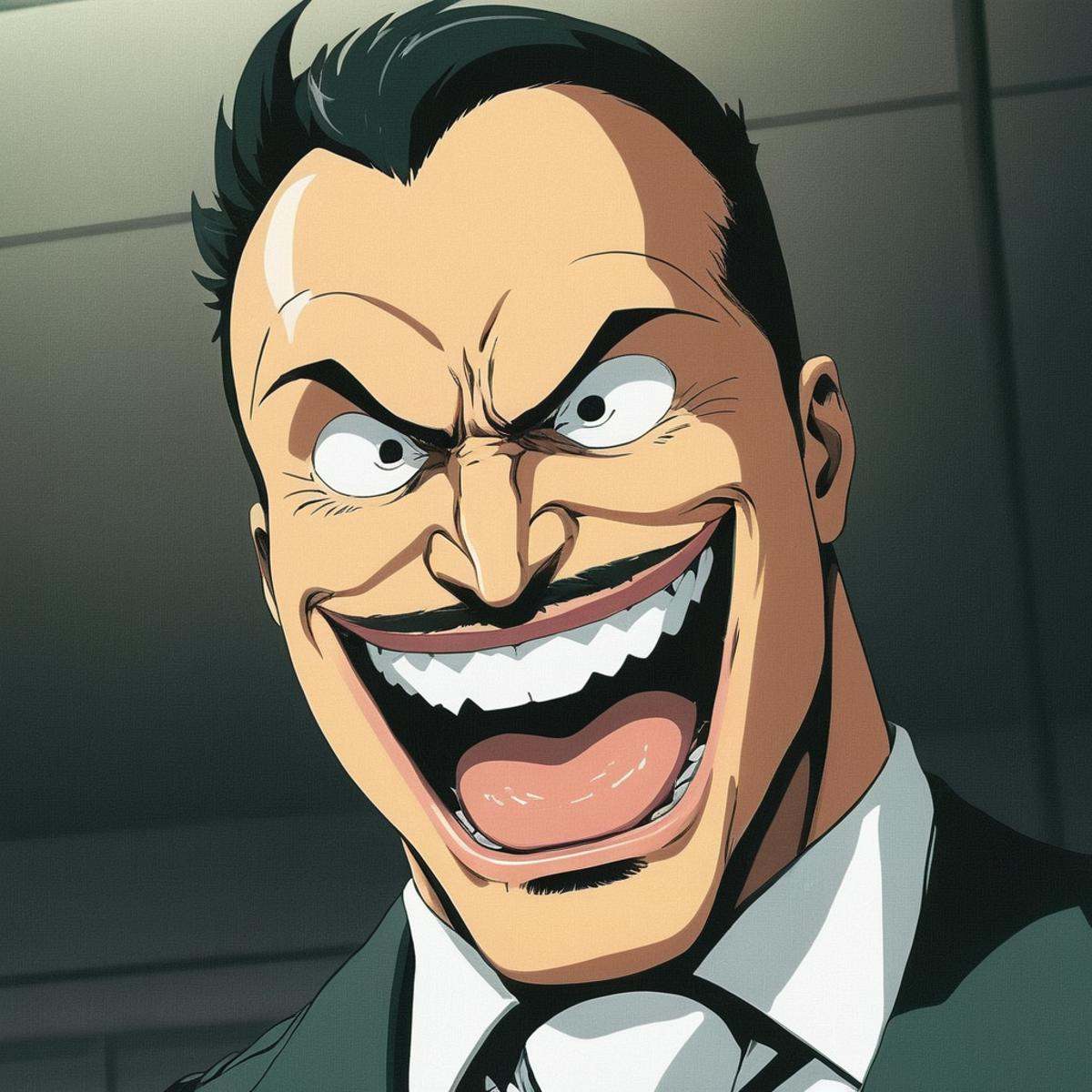 manga style art of An animated photo of a cartoon bane character with a big mouth and a big grin,  open mouth,  1boy on Te...