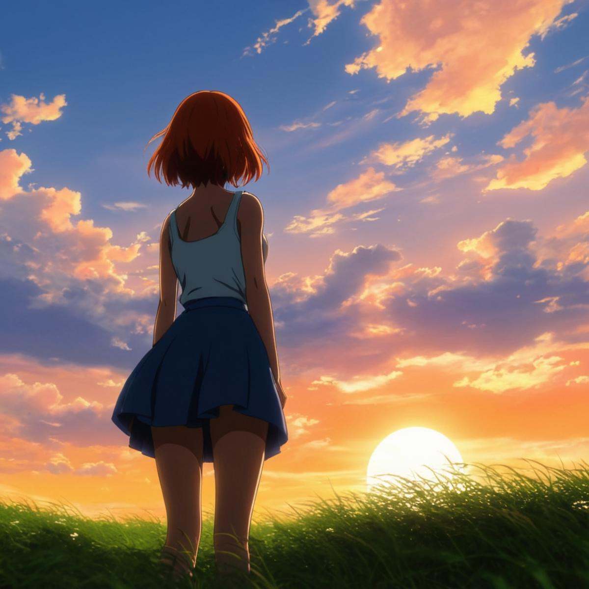 manga style art of An animated photo of a woman from behindstanding on top of a grass covered hill,  1girl,  solo on Tenso...