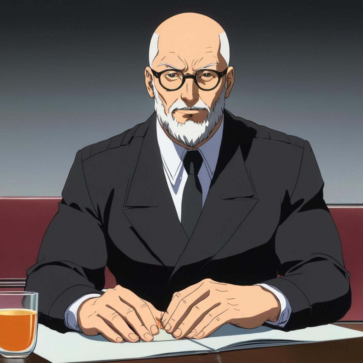 manga style art of An animated photo of a dr hugo strange man with a beard and glasses sitting at a table,  solo,  simple...