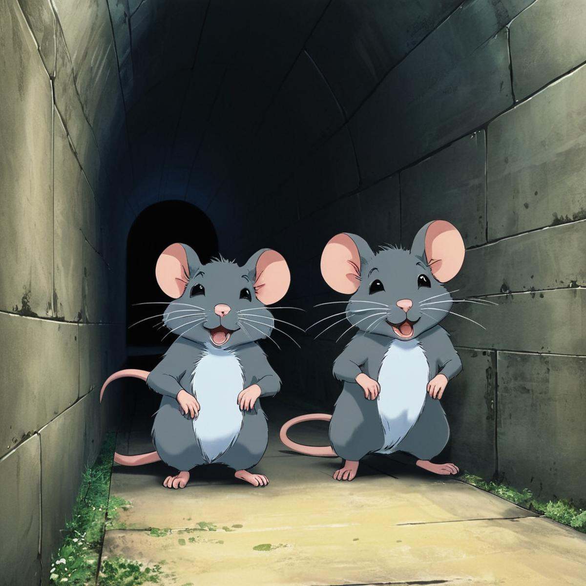 manga style art of An animated photo of two rats are standing in a tunnel with a light,  tail,  no humans on Tensor.Art