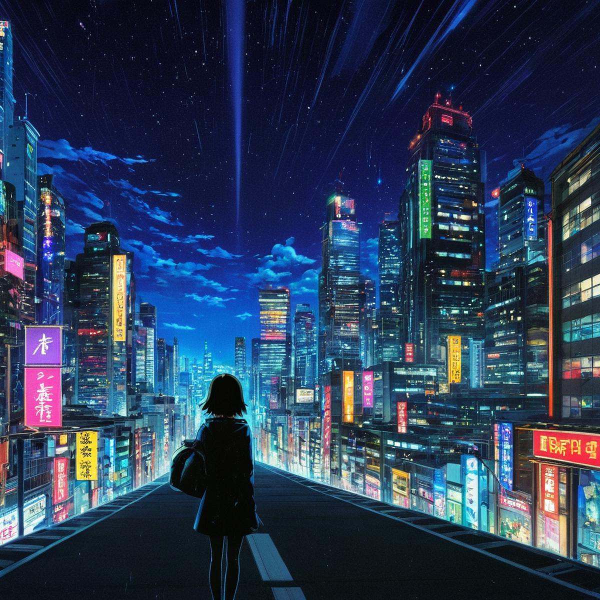 manga style art of An animated photo of a city at night with a lot of lights,  outdoors,  sky on Tensor.Art