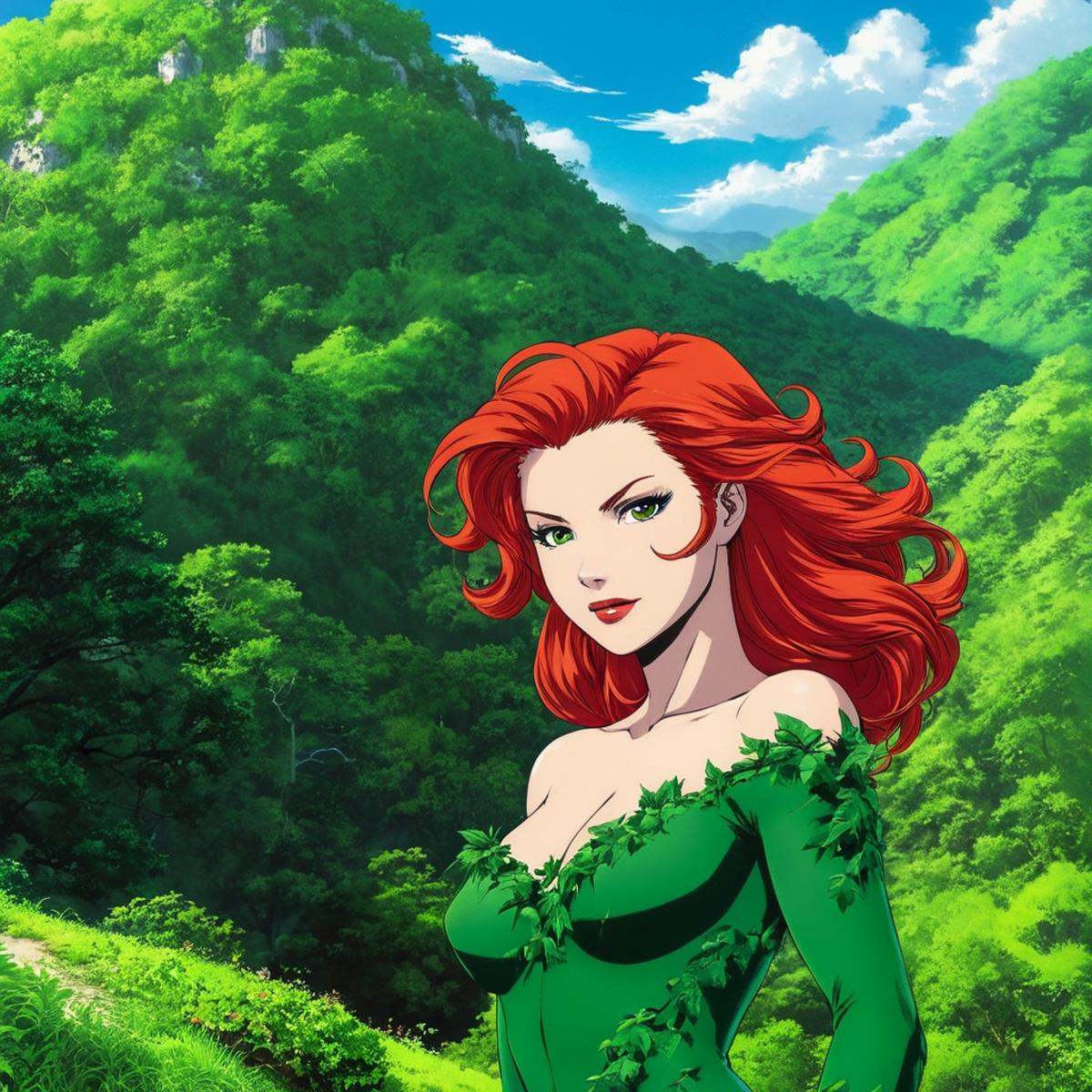 manga style art of An animated photo of a poison ivy Pamela Lillian Isley woman with a strange hair standing on a hill,  1...
