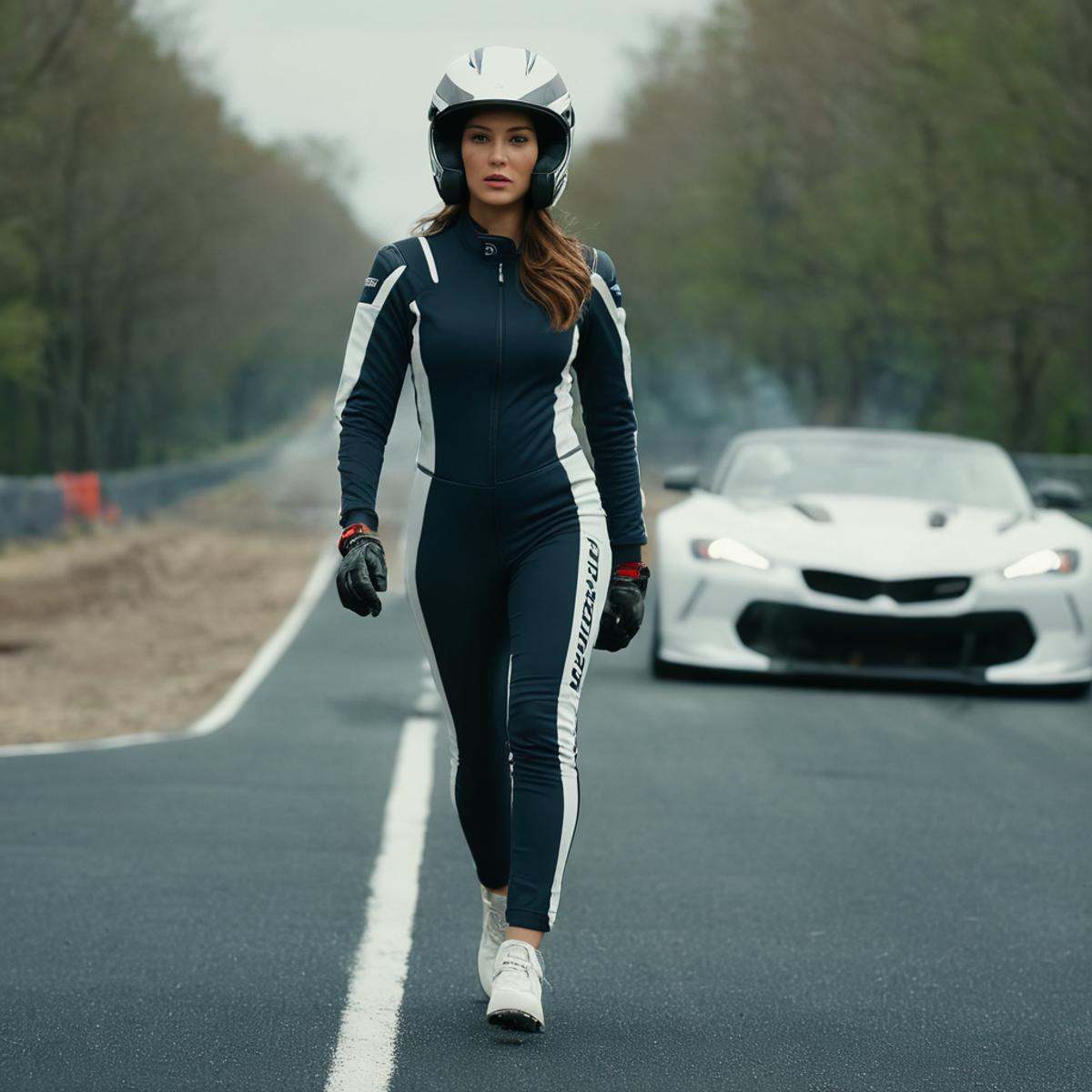 cinematic film still of a woman in a racing suit walking on a track,  1girl,  solo on Tensor.Art