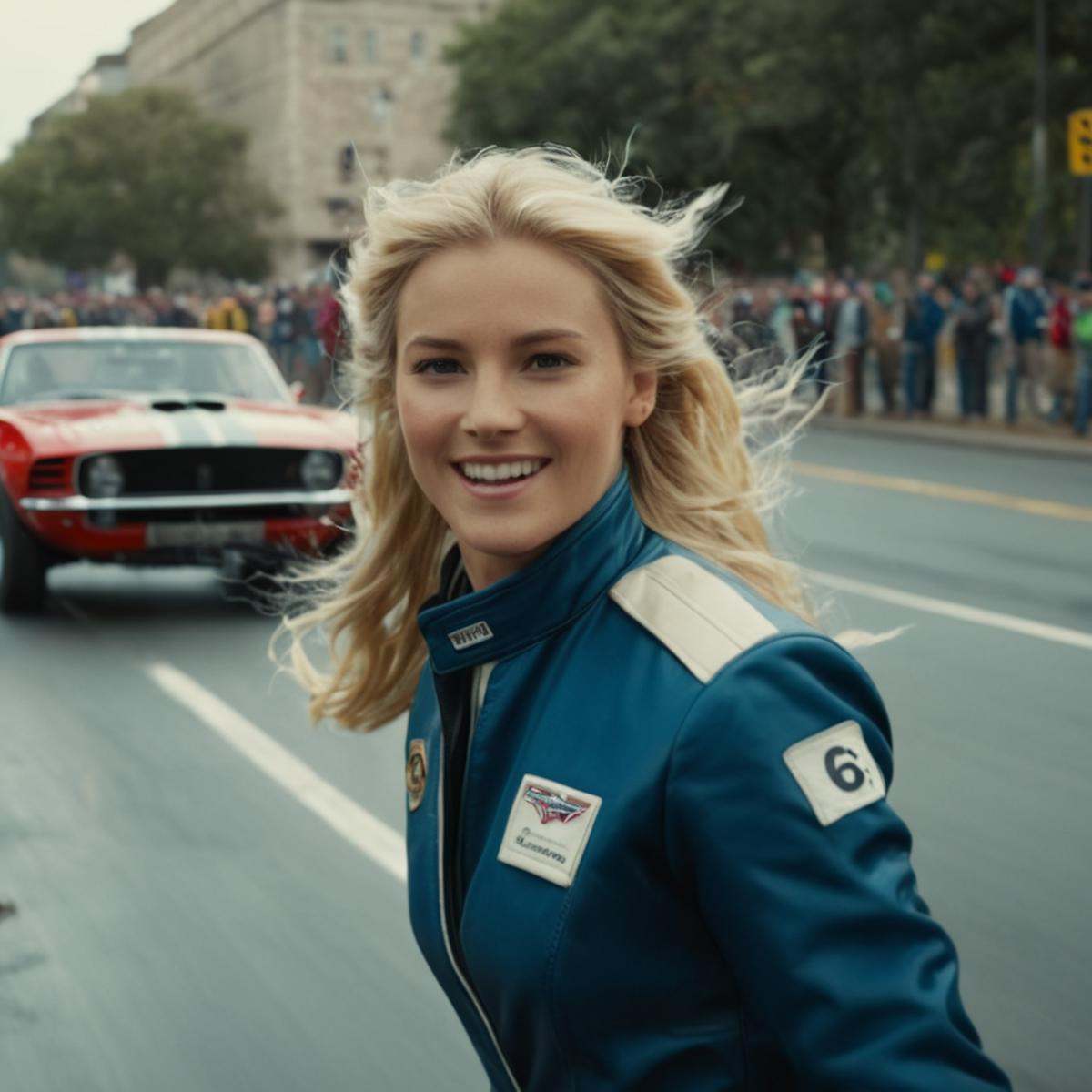 cinematic film still of a woman in a racing uniform waves to the crowd,  solo,  long hair on Tensor.Art