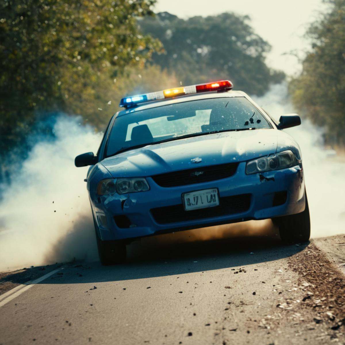 cinematic film still of a police car is driving down a road,  tree,  no humans on Tensor.Art