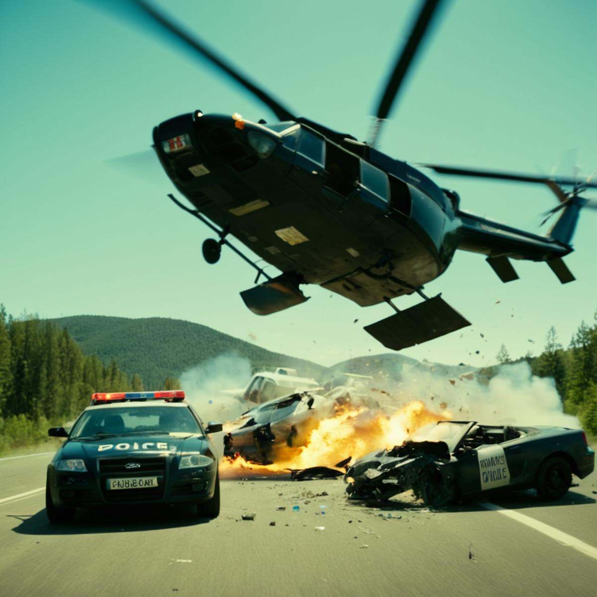 cinematic film still of a police car and a helicopter flying over a car,  no humans,  ground vehicle on Tensor.Art