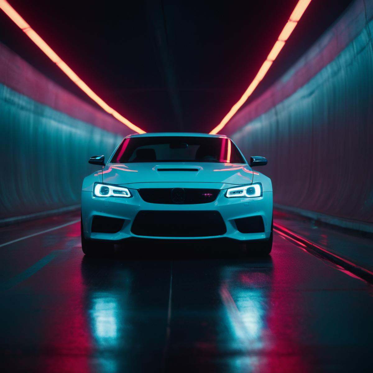 cinematic film still of a car with neon lights on it driving through a tunnel,  no humans,  ground vehicle on Tensor.Art