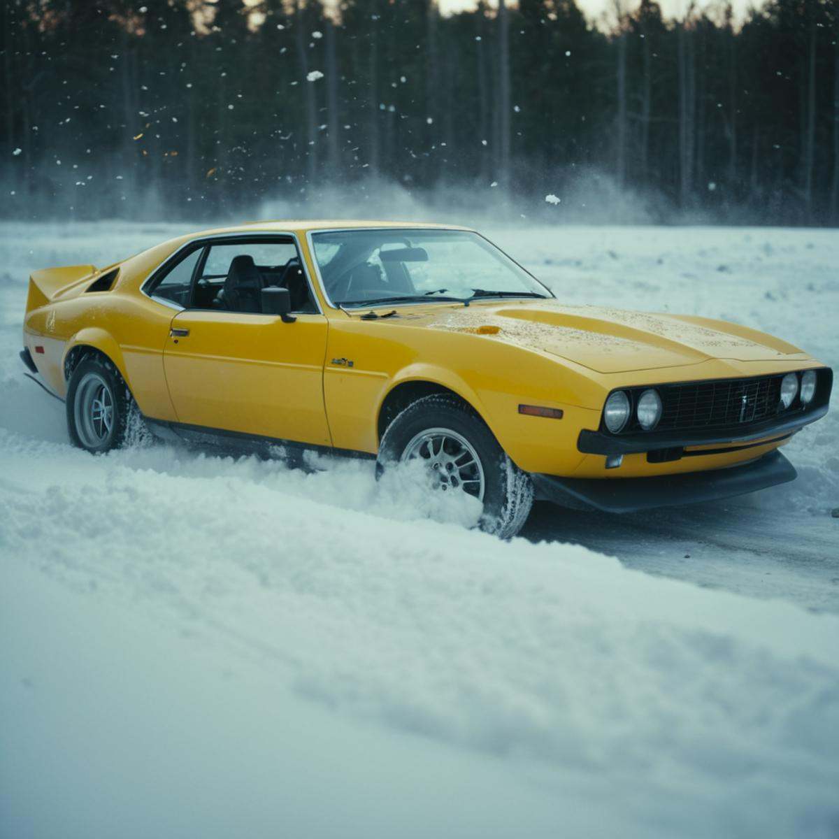 cinematic film still of a yellow car that is sitting in the snow,  no humans,  shadow on Tensor.Art