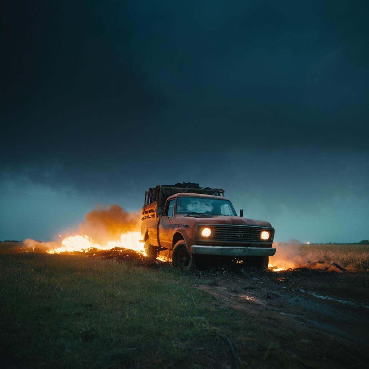 cinematic film still of a burnt out truck in a field with a full moon in the background,  outdoors,  cloud on Tensor.Art