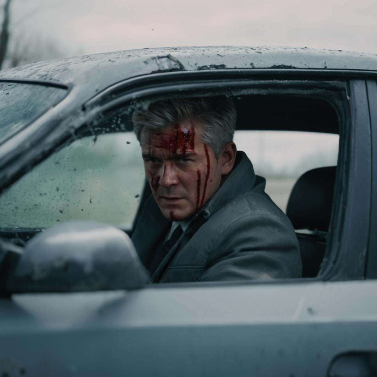 cinematic film still of a man with a bloody face driving a car,  solo,  short hair on Tensor.Art