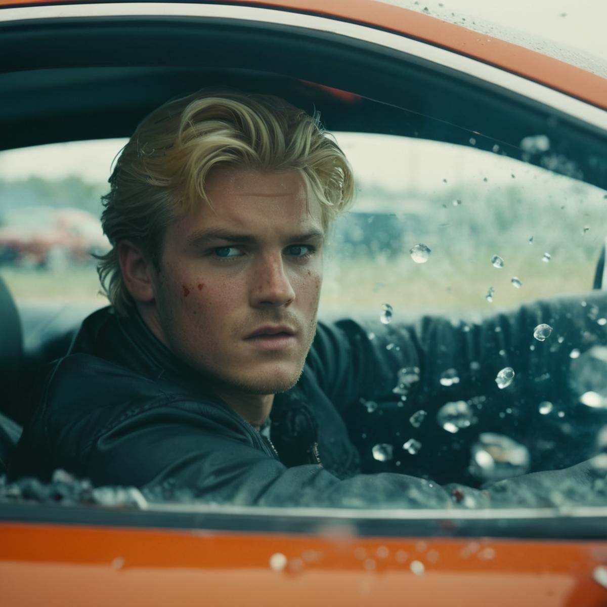 cinematic film still of a man sitting in a car with a window shattered,  solo,  looking at viewer on Tensor.Art