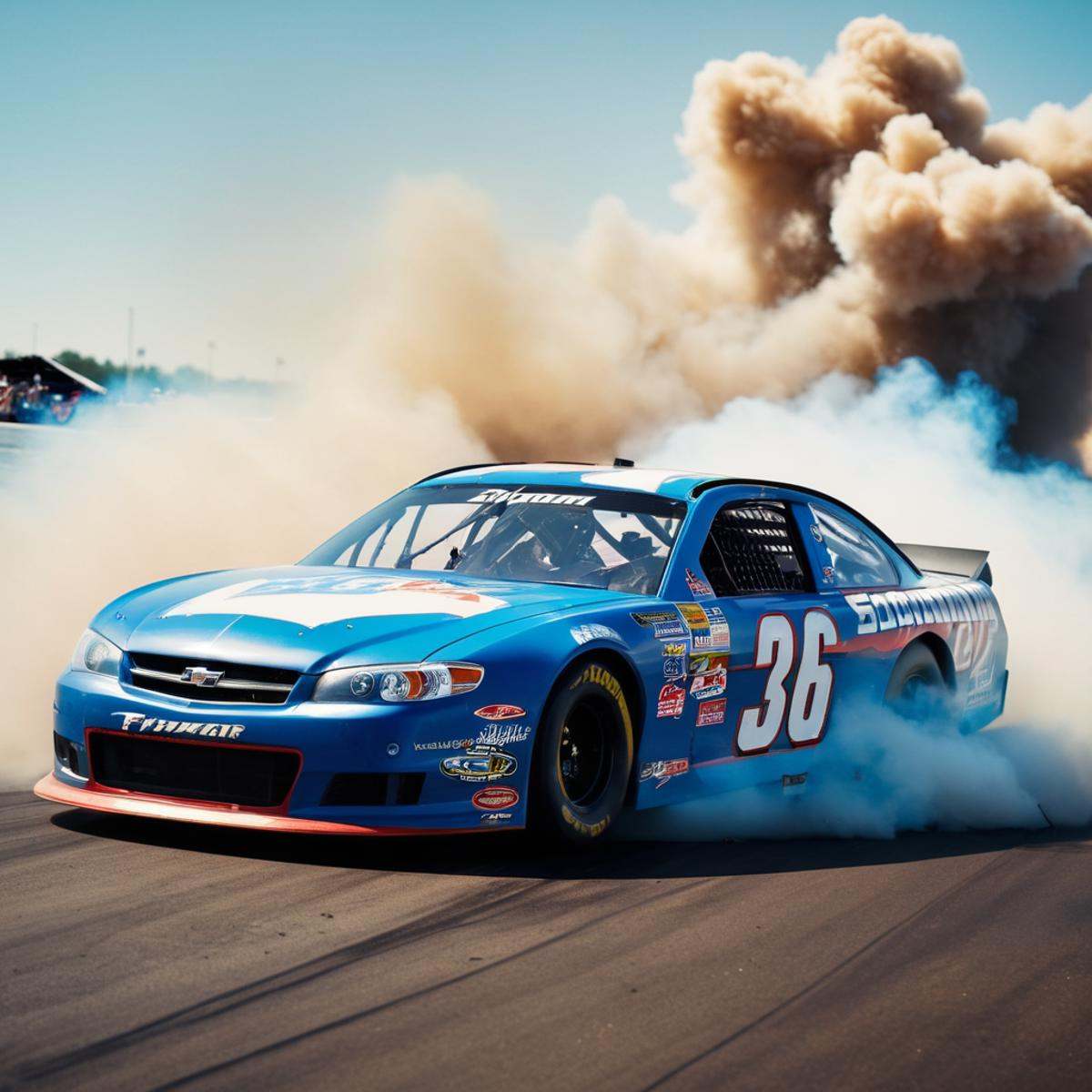 cinematic film still of a nascar car is blowing smoke while driving,  sky,  cloud on Tensor.Art