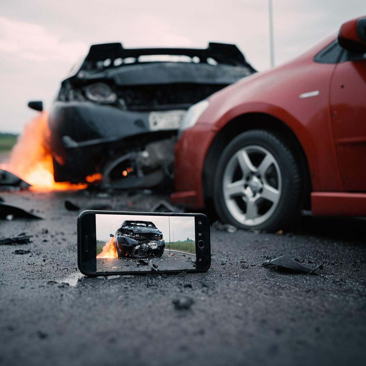 cinematic film still of a person taking a picture of a car that has been involved in a accident,  holding,  multiple boys...