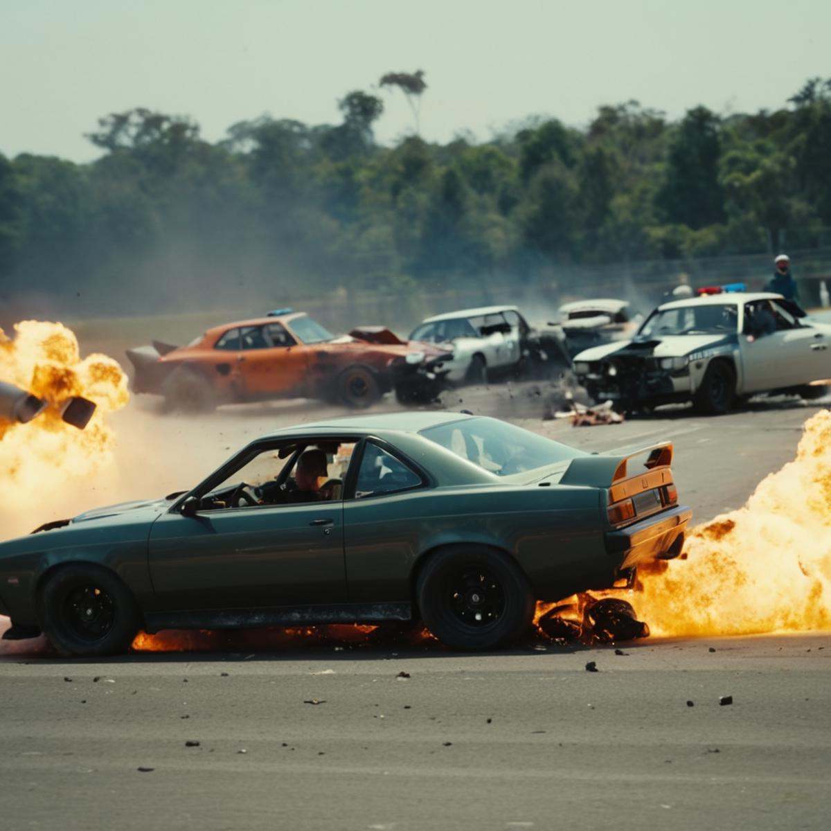 cinematic film still of a couple of cars that are on a track,  multiple boys,  no humans on Tensor.Art