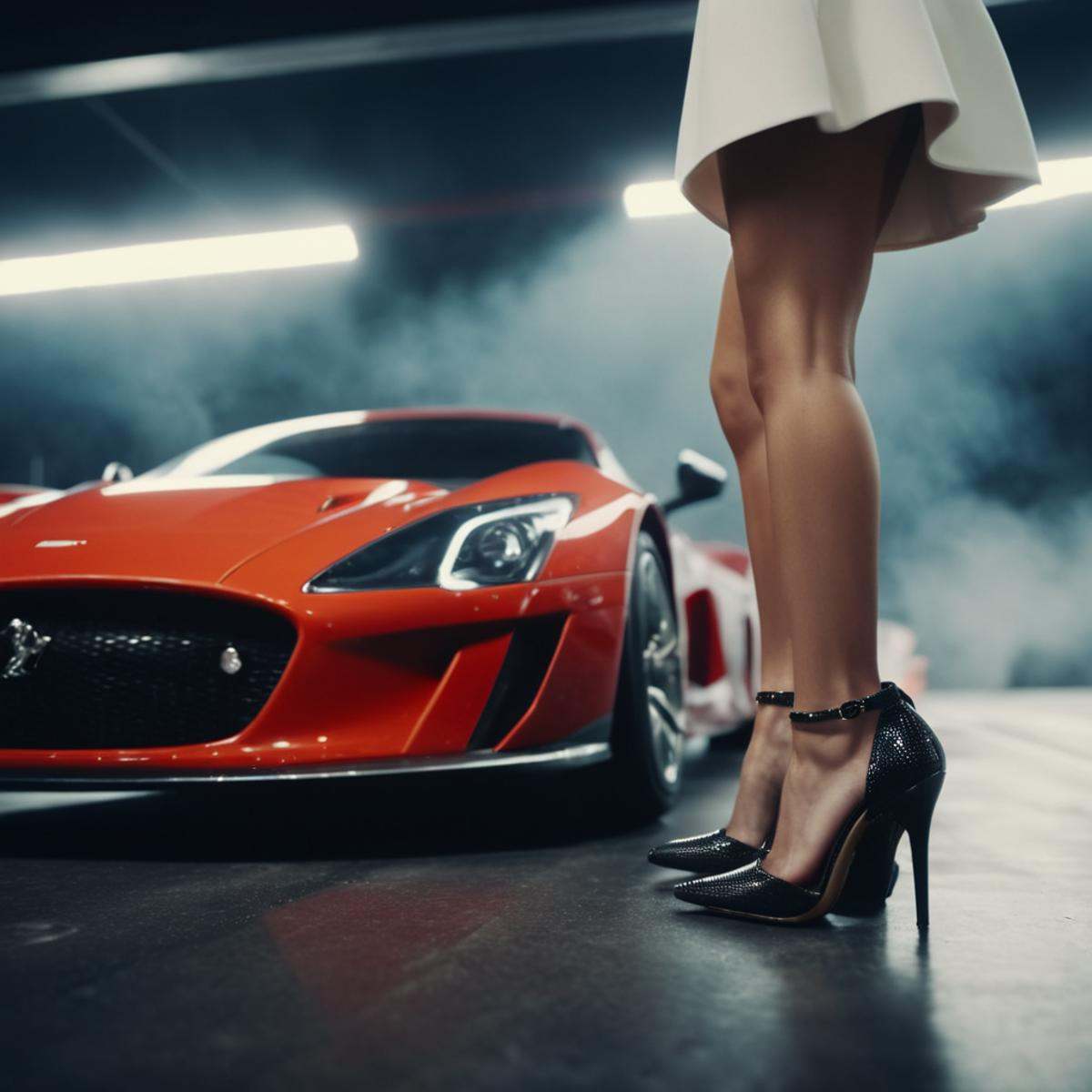 cinematic film still of a woman in high heels standing next to a racing car,  sports car style,  shallow depth of field on...