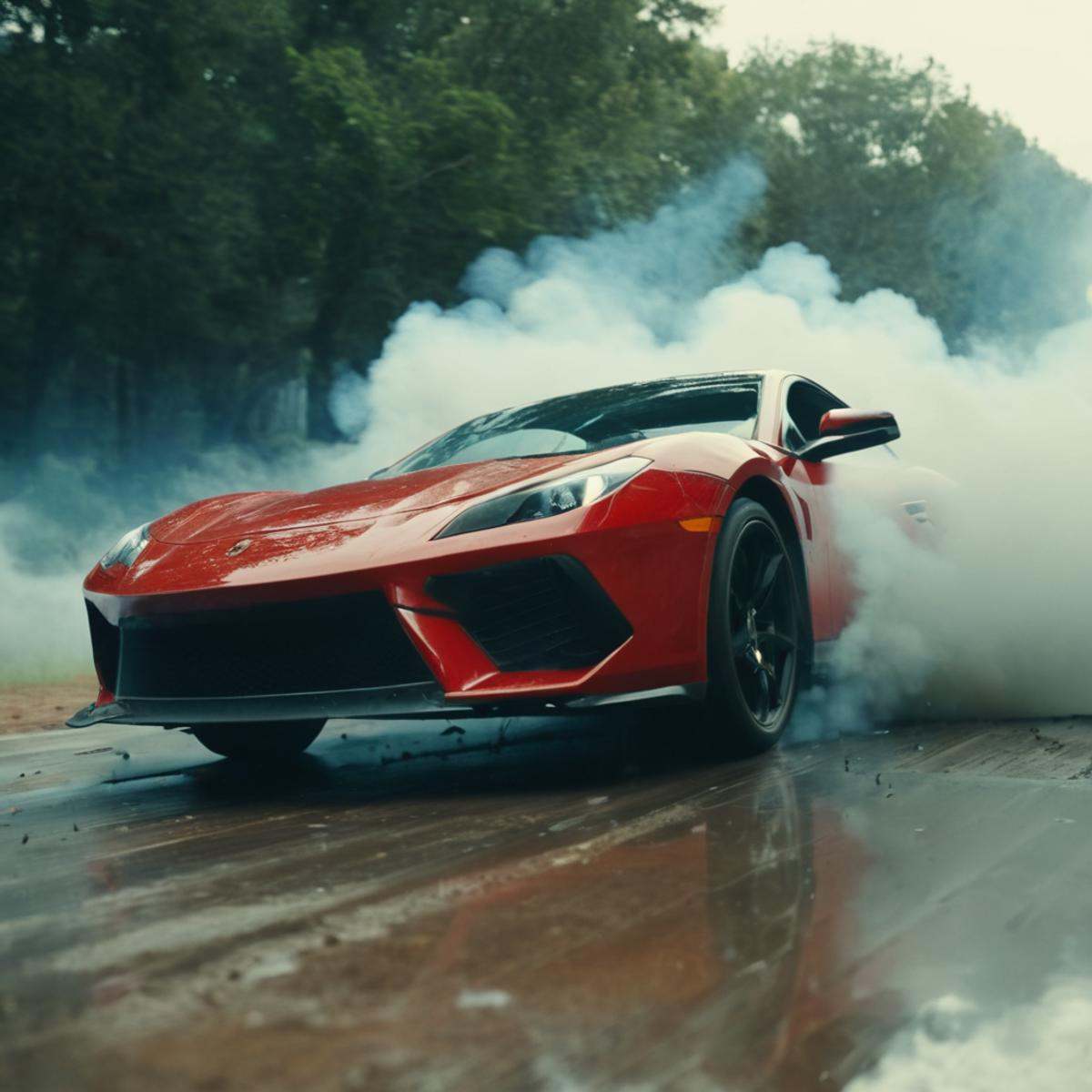 cinematic film still of a red car is driving through smoke,  no humans,  ground vehicle on Tensor.Art