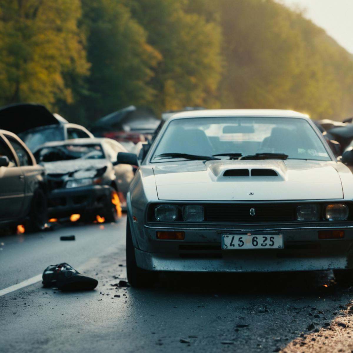 cinematic film still of a person taking a picture of a car that has been involved in a accident,  holding,  multiple boys...