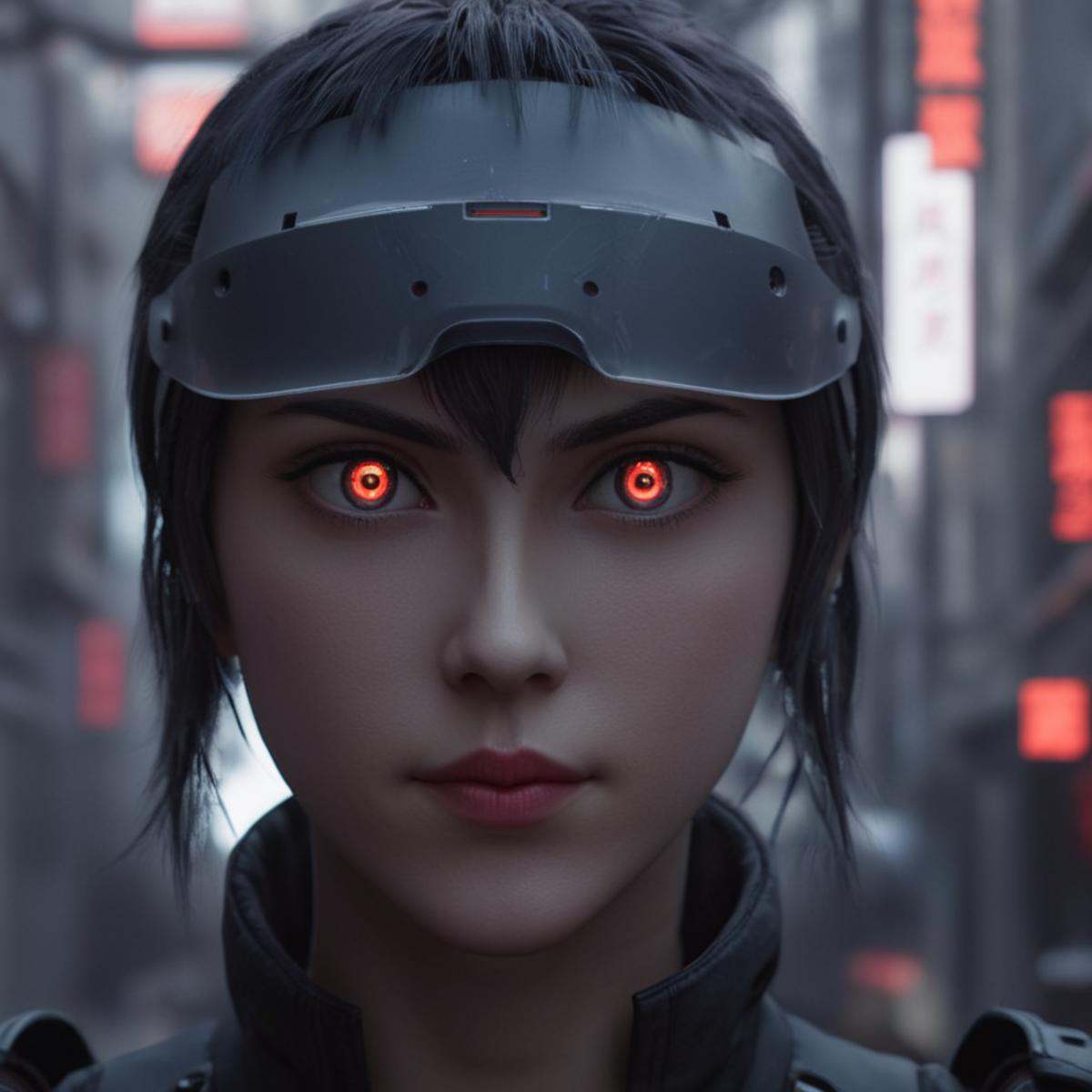 cinematic film still of perfection style Unreal Engine style In Japanese manga cyberpunk city a android with a red light o...
