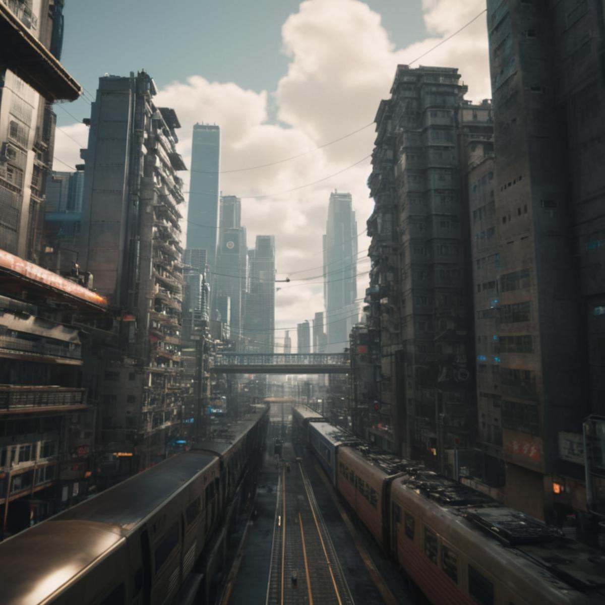 cinematic film still of perfection style Unreal Engine style In Japanese manga cyberpunk city a train traveling through a...